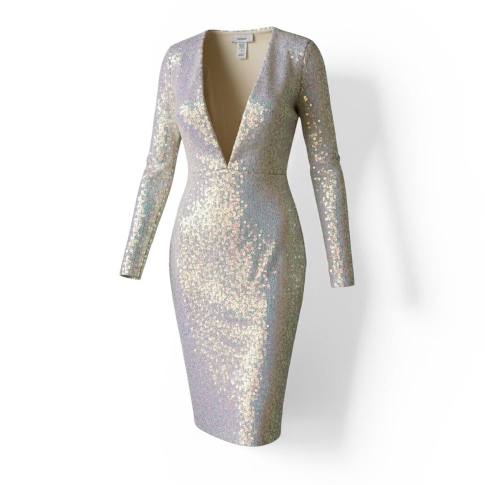 CODIGO Sequin Midi Dress Deep V-Neck Silver Small Silver Iridescent Mermaid